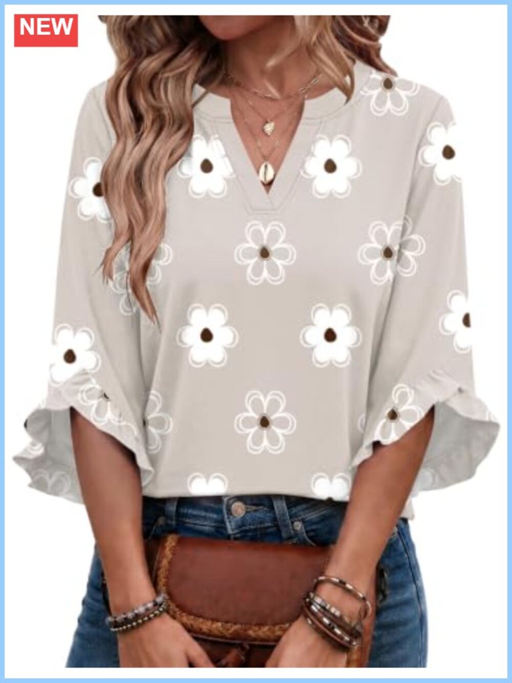 Womens 3/4 Ruffle Sleeve V Neck Tops Casual T-Shirt Blouse
